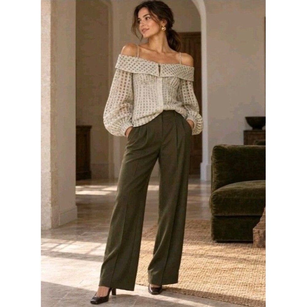 Jonathan Simkhai Paulina Champagne Sheer Windowpane Off Shoulder Top XL